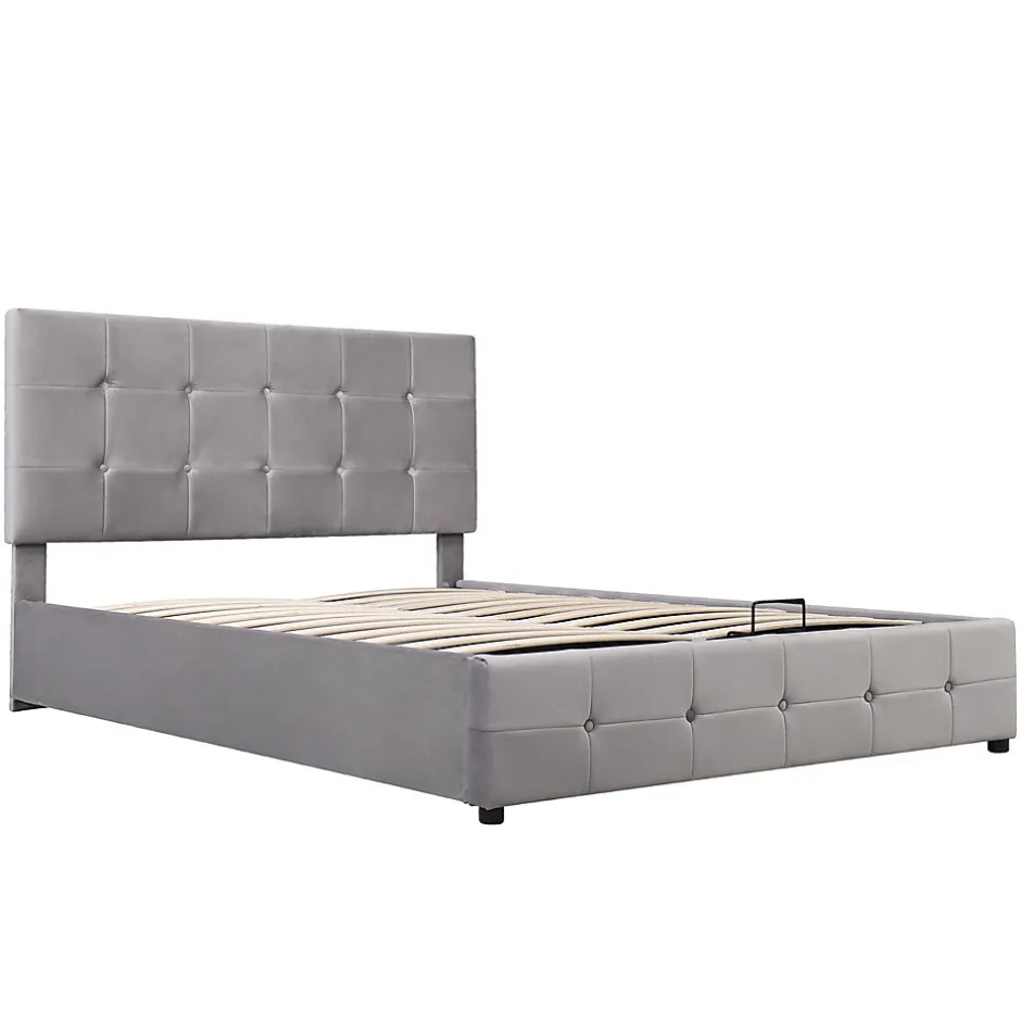 Gutent Lit adulte lit 140x200 cm lit rembourré hydraulique lit de rangement lit double velours gris