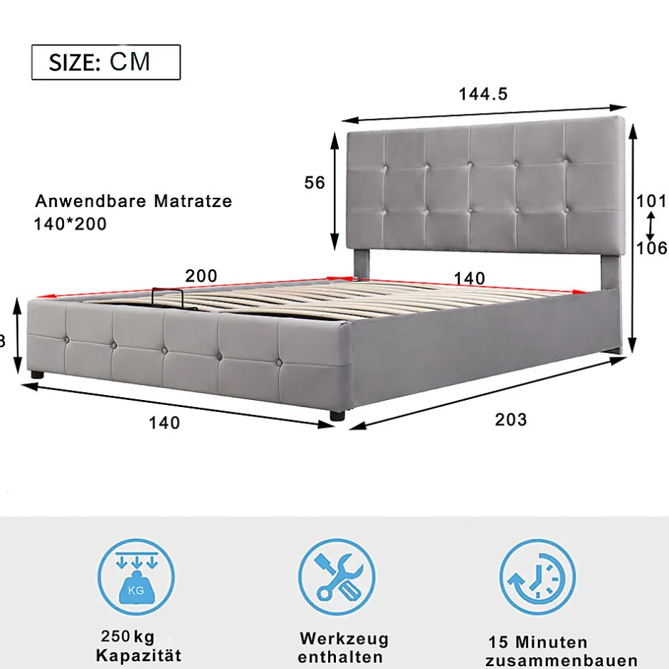 Gutent Lit adulte lit 140x200 cm lit rembourré hydraulique lit de rangement lit double velours gris