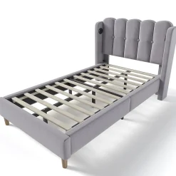 Gutent Lit adulte lit 90x200 cm lit rembourré avec fonction de charge usb type c Single lin gris