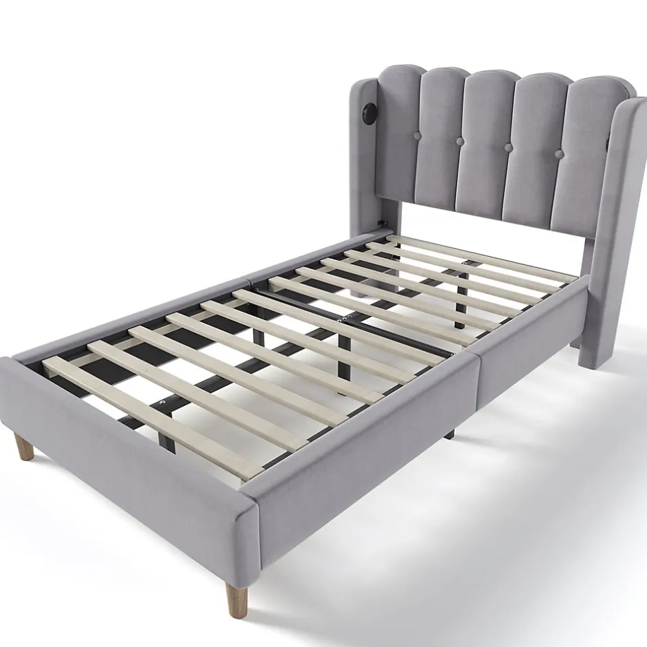 Gutent Lit adulte lit 90x200 cm lit rembourré avec fonction de charge usb type c Single lin gris