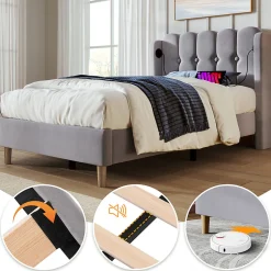 Gutent Lit adulte lit 90x200 cm lit rembourré avec fonction de charge usb type c Single lin gris