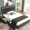 Gutent Lit adulte lit 90x200 cm lit rembourré lit eclairage led lit 2 tiroirs lit sommier à lattes en bois Single lin gris