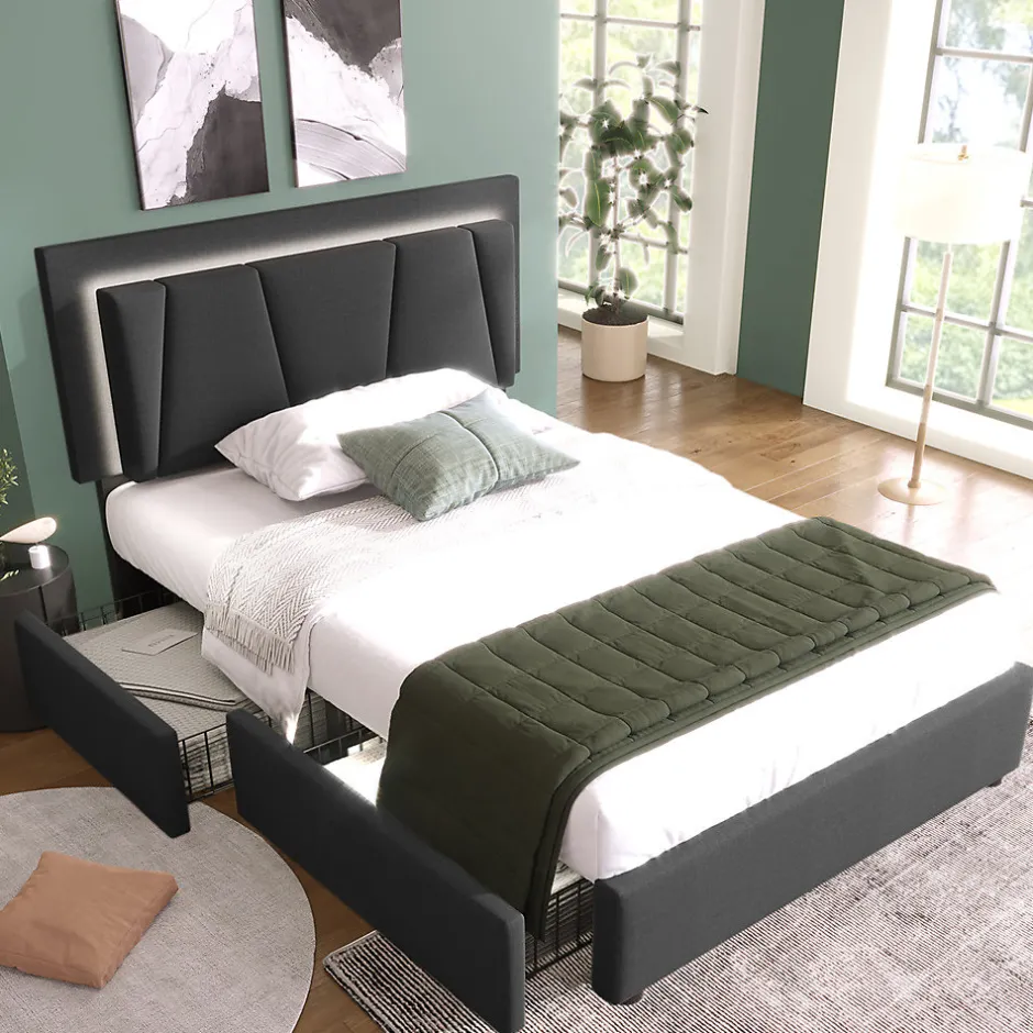 Gutent Lit adulte lit 90x200 cm lit rembourré lit eclairage led lit 2 tiroirs lit sommier à lattes en bois Single lin gris