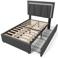 Gutent Lit adulte lit 90x200 cm lit rembourré lit eclairage led lit 2 tiroirs lit sommier à lattes en bois Single lin gris