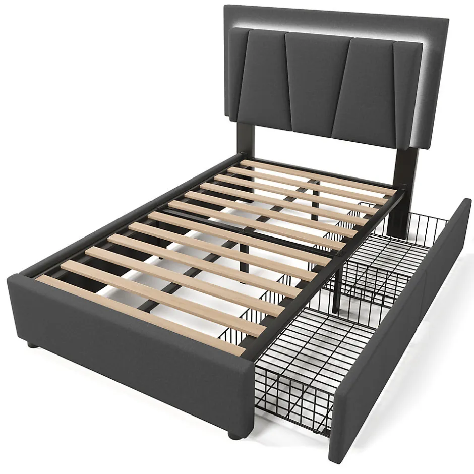 Gutent Lit adulte lit 90x200 cm lit rembourré lit eclairage led lit 2 tiroirs lit sommier à lattes en bois Single lin gris