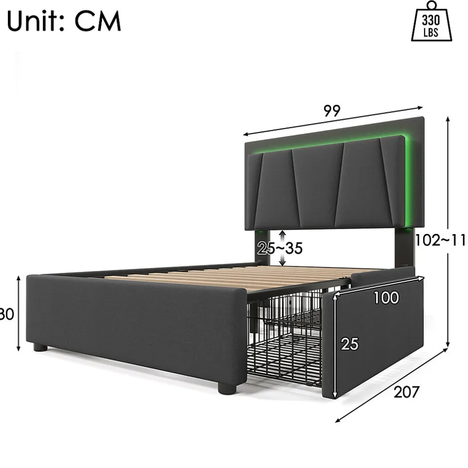 Gutent Lit adulte lit 90x200 cm lit rembourré lit eclairage led lit 2 tiroirs lit sommier à lattes en bois Single lin gris