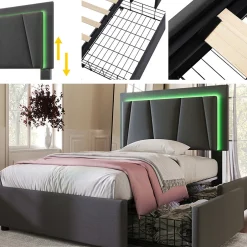 Gutent Lit adulte lit 90x200 cm lit rembourré lit eclairage led lit 2 tiroirs lit sommier à lattes en bois Single lin gris