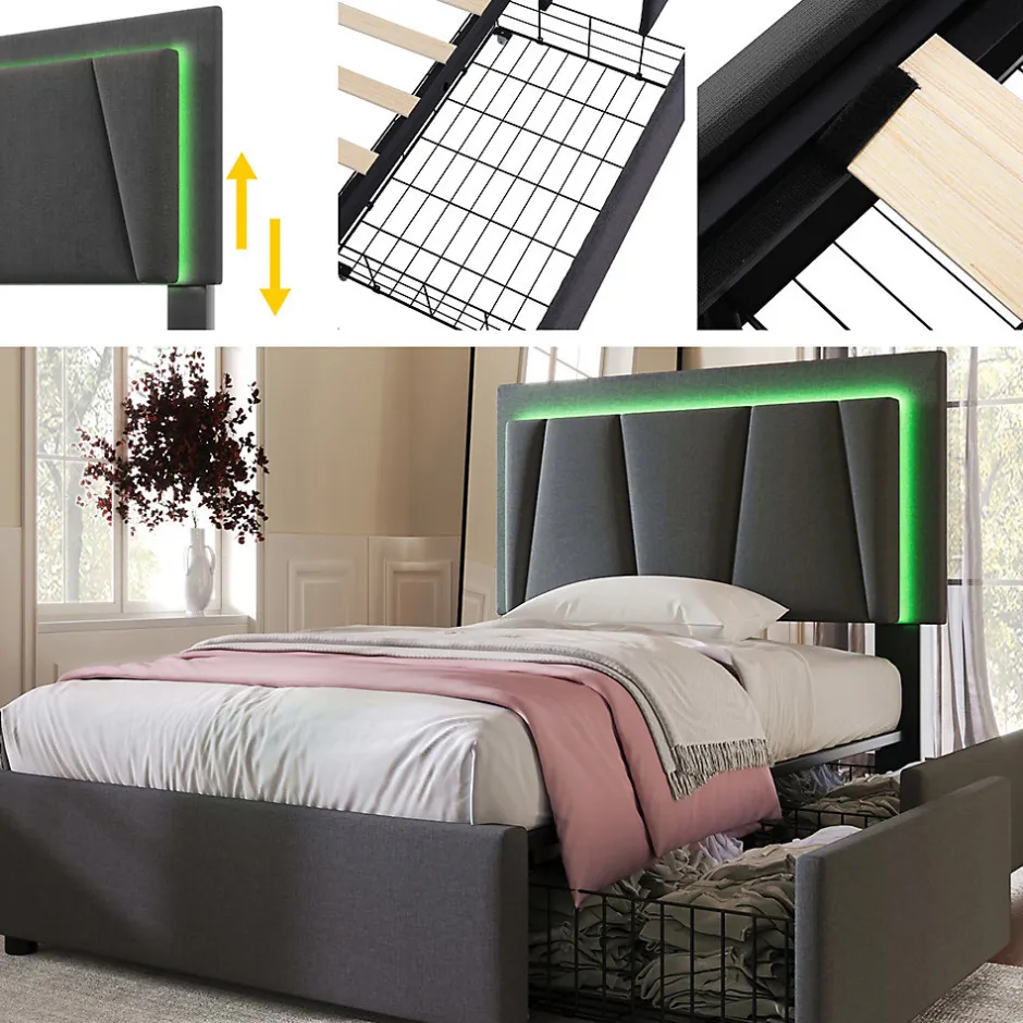 Gutent Lit adulte lit 90x200 cm lit rembourré lit eclairage led lit 2 tiroirs lit sommier à lattes en bois Single lin gris