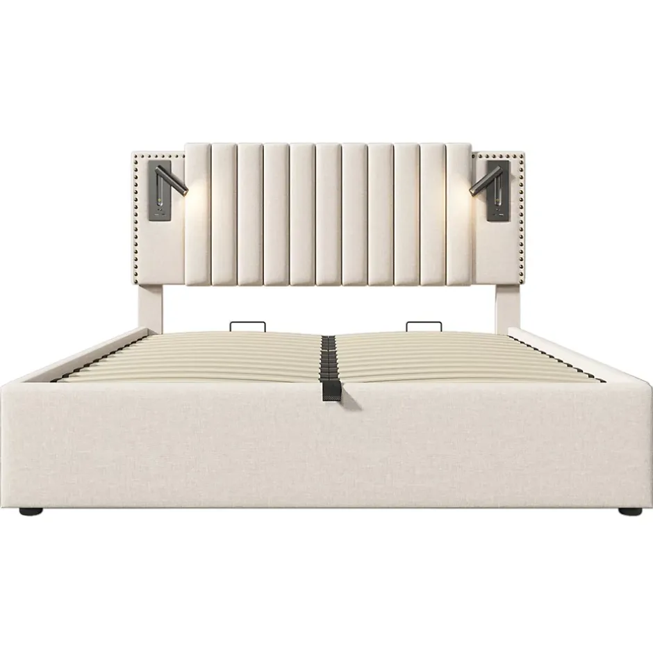Gutent Lit adulte lit 180x200 cm lit rembourré lit de rangement avec sommier à lattes lit double coton beige Clearance