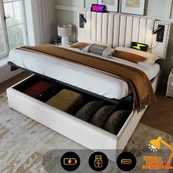 Gutent Lit adulte lit 180x200 cm lit rembourré lit de rangement avec sommier à lattes lit double coton beige Clearance