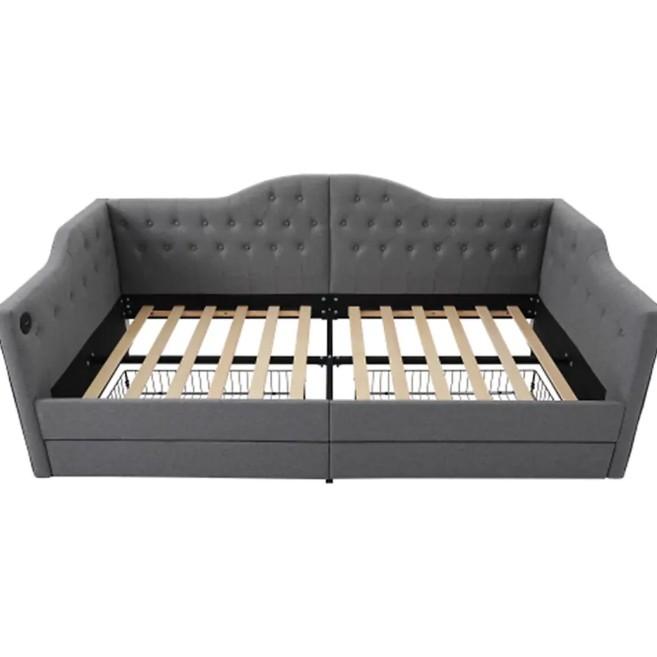 Gutent Lit adulte lit 90x200 cm lit rembourré avec 2 tiroirs Single lin gris Hot