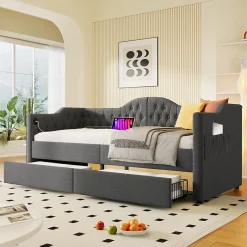 Gutent Lit adulte lit 90x200 cm lit rembourré avec 2 tiroirs Single lin gris Hot