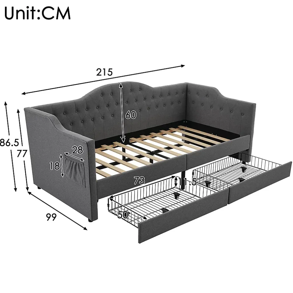 Gutent Lit adulte lit 90x200 cm lit rembourré avec 2 tiroirs Single lin gris Hot