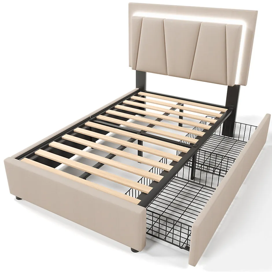 Gutent Lit adulte lit 90x200 cm lit rembourré lit eclairage led lit 2 tiroirs lit sommier à lattes en bois Single lin beige