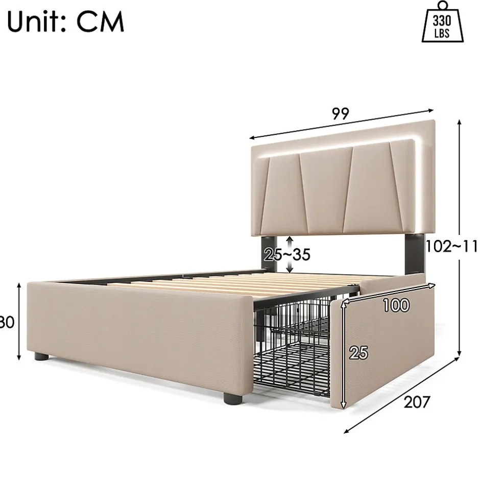 Gutent Lit adulte lit 90x200 cm lit rembourré lit eclairage led lit 2 tiroirs lit sommier à lattes en bois Single lin beige