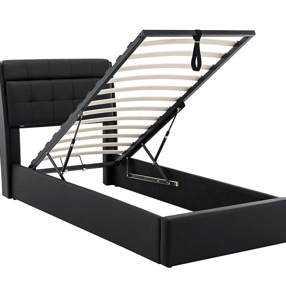 Gutent Lit adulte lit 90x200 cm lit rembourré hydraulique Single avec sommier à lattes pu noir