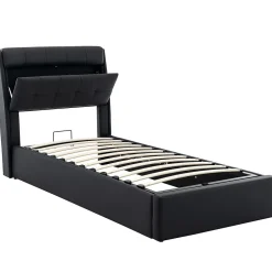 Gutent Lit adulte lit 90x200 cm lit rembourré hydraulique Single avec sommier à lattes pu noir