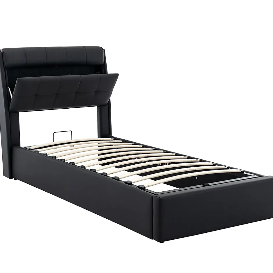 Gutent Lit adulte lit 90x200 cm lit rembourré hydraulique Single avec sommier à lattes pu noir