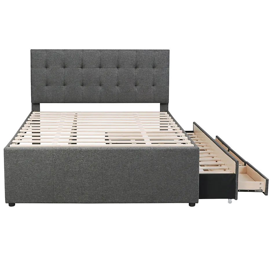 Gutent Lit adulte lit 140x200 cm lit rembourré avec trois tiroirs lit double lin gris