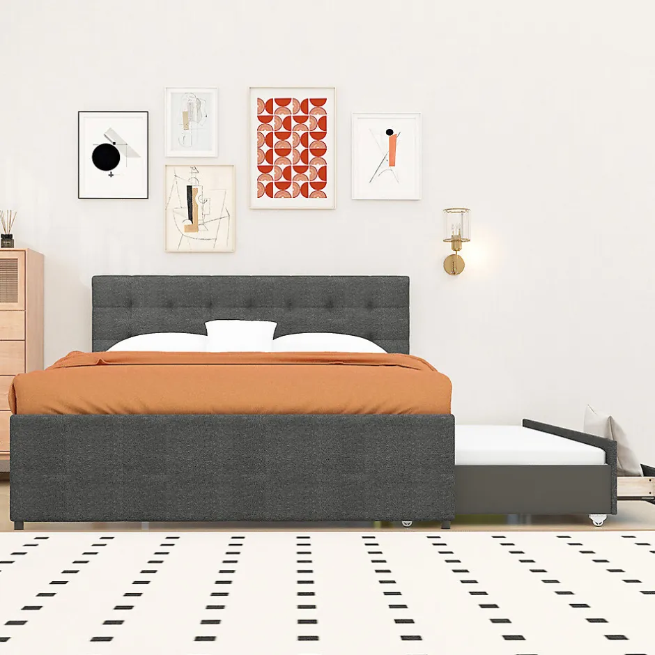 Gutent Lit adulte lit 140x200 cm lit rembourré avec trois tiroirs lit double lin gris