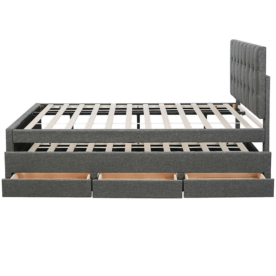 Gutent Lit adulte lit 140x200 cm lit rembourré avec trois tiroirs lit double lin gris
