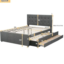 Gutent Lit adulte lit 140x200 cm lit rembourré avec trois tiroirs lit double lin gris