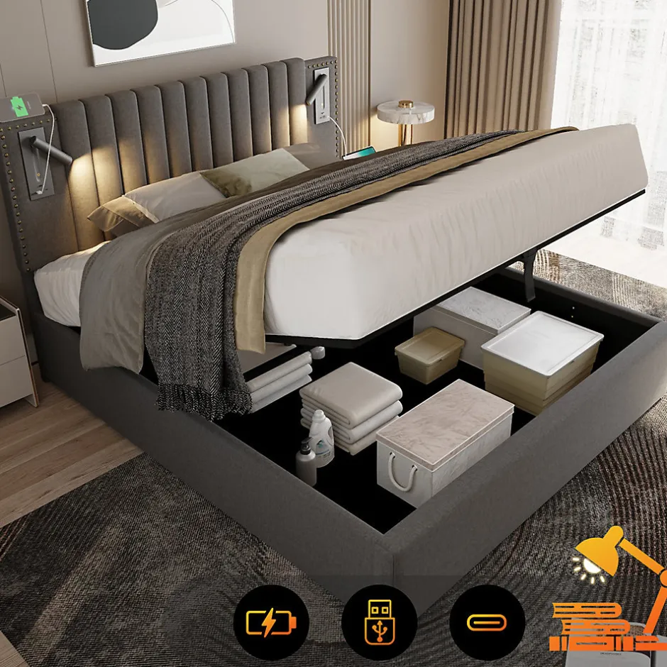 Gutent Lit adulte lit 140x200 cm lit rembourré lit de rangement avec sommier à lattes lit double coton gris