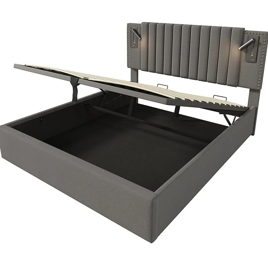 Gutent Lit adulte lit 140x200 cm lit rembourré lit de rangement avec sommier à lattes lit double coton gris