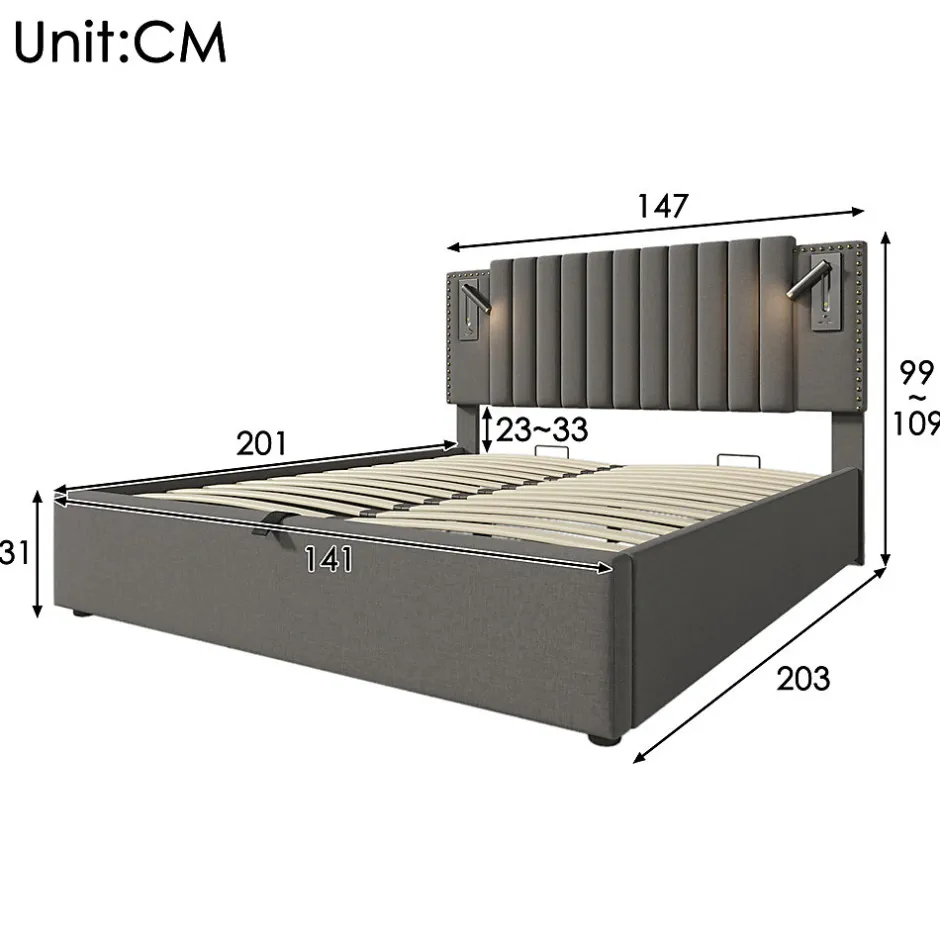 Gutent Lit adulte lit 140x200 cm lit rembourré lit de rangement avec sommier à lattes lit double coton gris