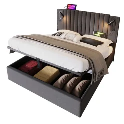 Gutent Lit adulte lit 140x200 cm lit rembourré lit de rangement avec sommier à lattes lit double coton gris