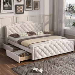 Gutent Lit adulte lit 140x200 cm lit rembourré avec sommier à lattes lit 2 tiroirs lit double pu blanc