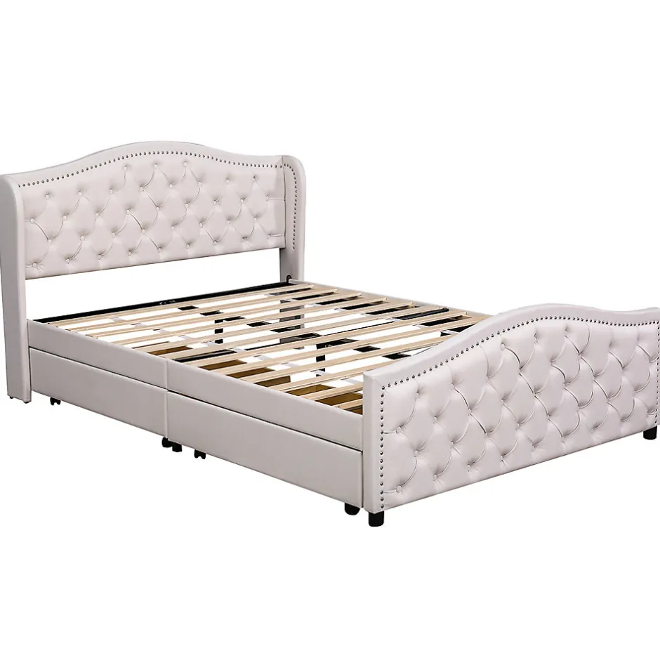 Gutent Lit adulte lit 140x200 cm lit rembourré avec sommier à lattes lit 2 tiroirs lit double pu blanc