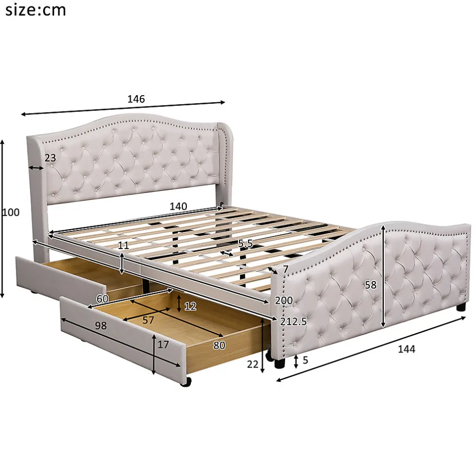 Gutent Lit adulte lit 140x200 cm lit rembourré avec sommier à lattes lit 2 tiroirs lit double pu blanc