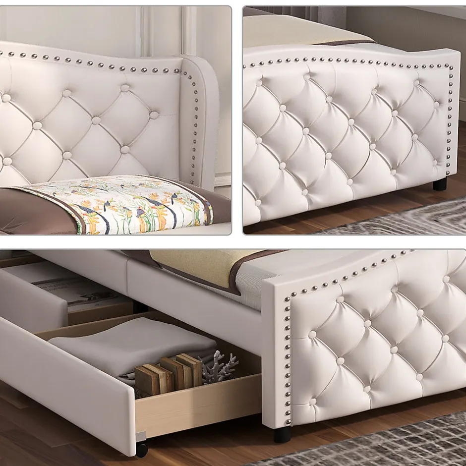 Gutent Lit adulte lit 140x200 cm lit rembourré avec sommier à lattes lit 2 tiroirs lit double pu blanc