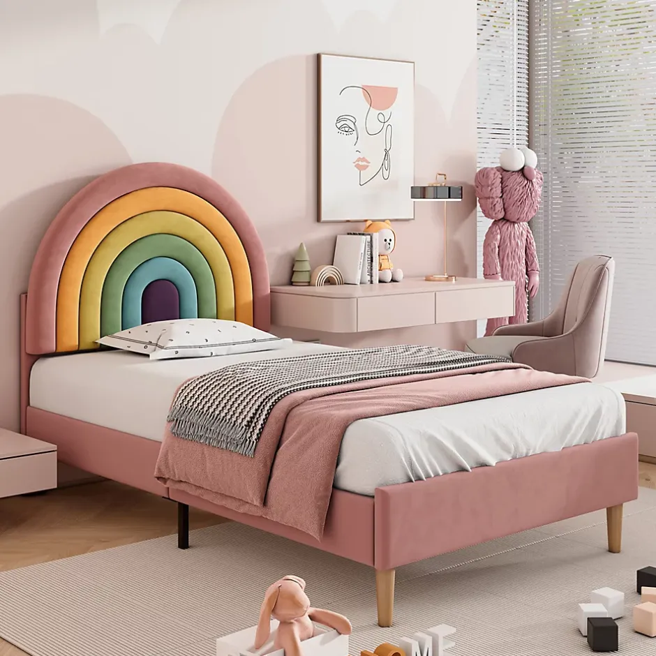 Gutent Lit adulte lit 90x200 cm lit rembourré avec sommier à lattes Single velours rose New