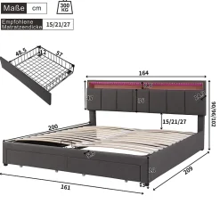 Gutent Lit adulte lit 160x200 cm lit rembourré hydraulique lit de rangement avec éclairage led lit double lin gris Outlet
