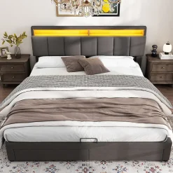 Gutent Lit adulte lit 160x200 cm lit rembourré hydraulique lit de rangement avec éclairage led lit double lin gris Outlet