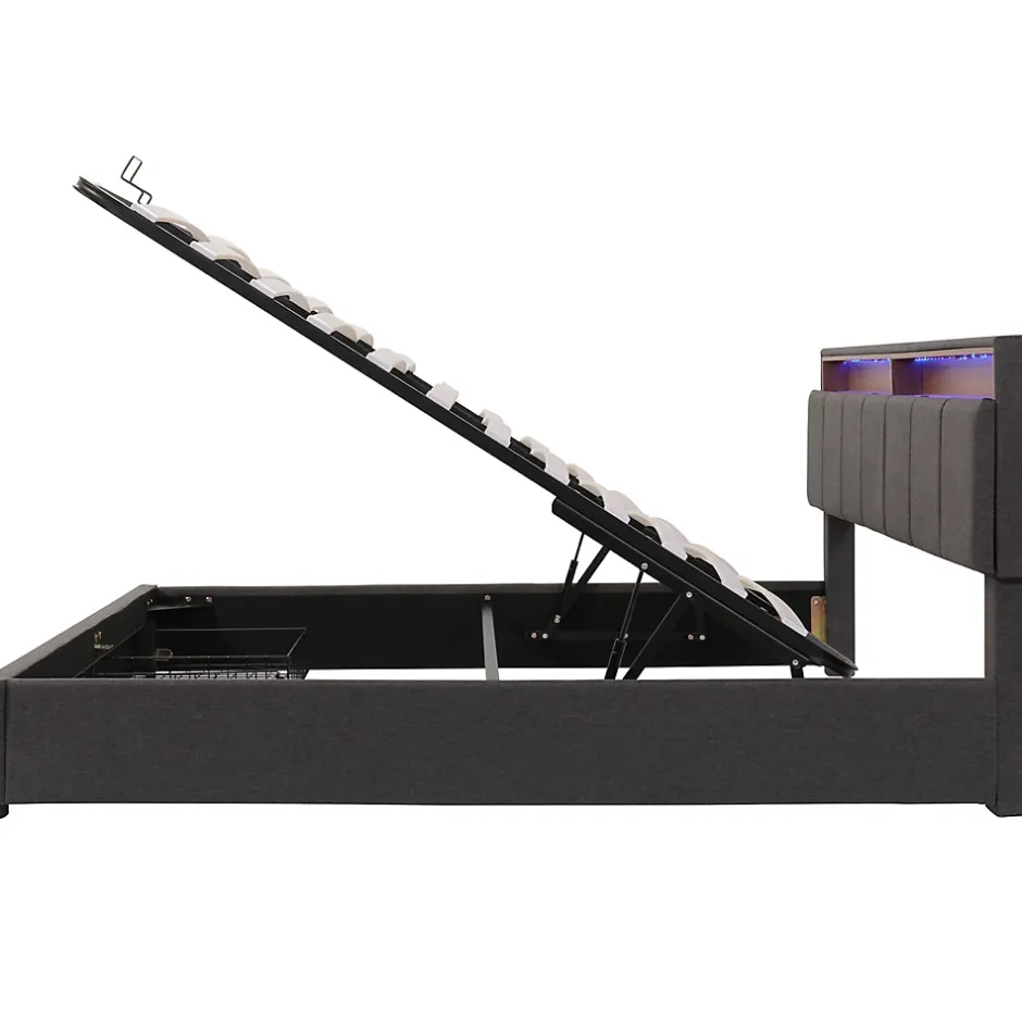 Gutent Lit adulte lit 160x200 cm lit rembourré hydraulique lit de rangement avec éclairage led lit double lin gris Outlet