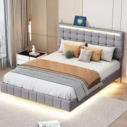 Gutent Lit adulte lit 140x200 cm lit rembourré avec lampes led lit double lin gris