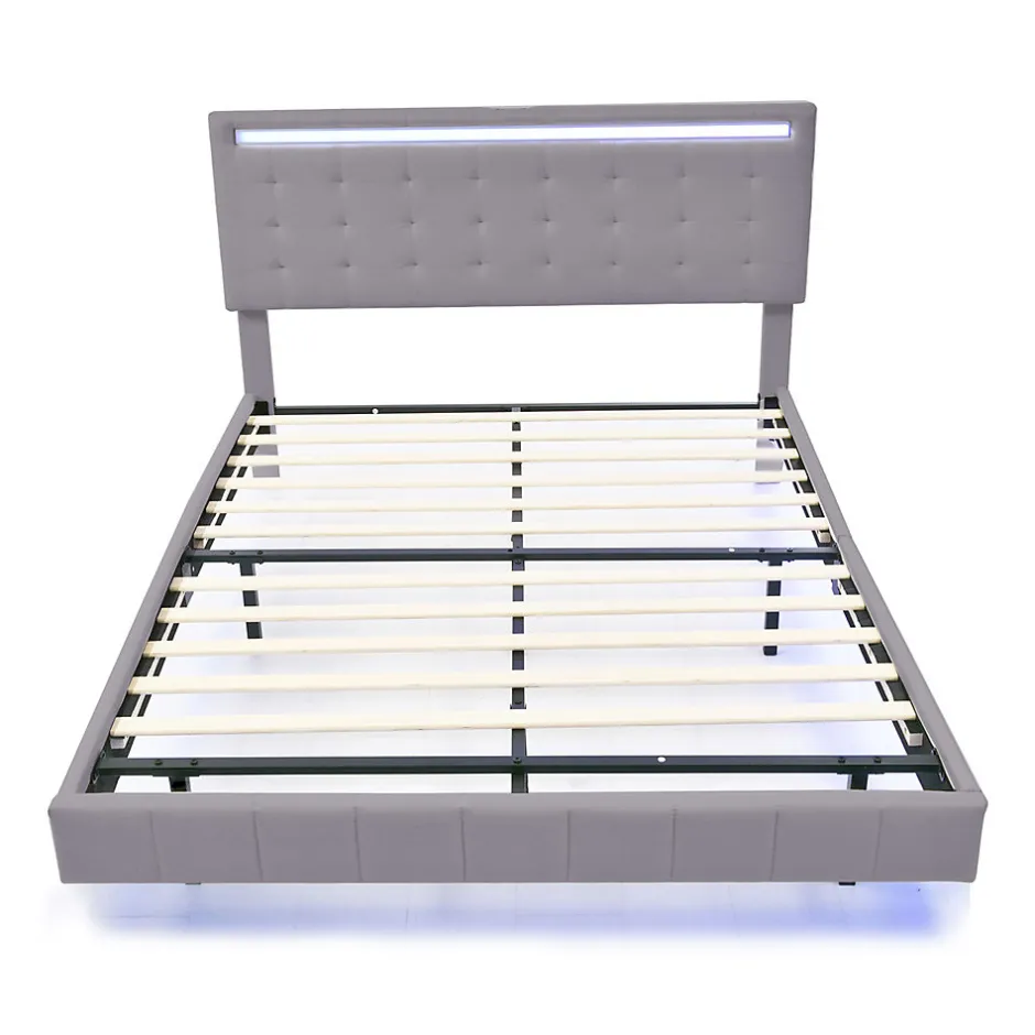 Gutent Lit adulte lit 140x200 cm lit rembourré avec lampes led lit double lin gris