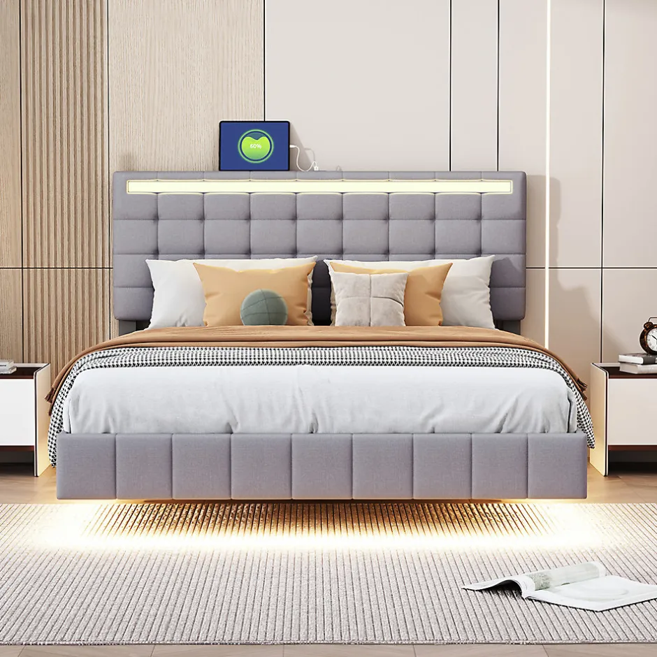 Gutent Lit adulte lit 140x200 cm lit rembourré avec lampes led lit double lin gris