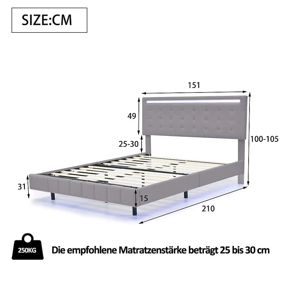 Gutent Lit adulte lit 140x200 cm lit rembourré avec lampes led lit double lin gris