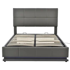 Gutent Lit adulte lit 140x200 cm lit rembourré hydraulique avec éclairage led lit double cuir synthétique gris foncé