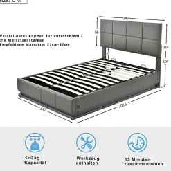Gutent Lit adulte lit 140x200 cm lit rembourré hydraulique avec éclairage led lit double cuir synthétique gris foncé
