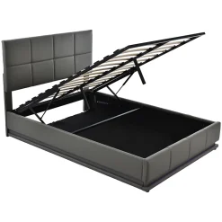Gutent Lit adulte lit 140x200 cm lit rembourré hydraulique avec éclairage led lit double cuir synthétique gris foncé
