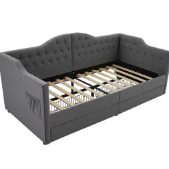 Gutent Lit adulte lit 90x190 cm lit rembourré avec 2 tiroirs Single lin gris Discount