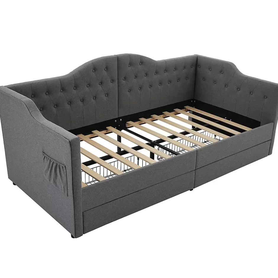 Gutent Lit adulte lit 90x190 cm lit rembourré avec 2 tiroirs Single lin gris Discount