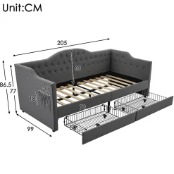 Gutent Lit adulte lit 90x190 cm lit rembourré avec 2 tiroirs Single lin gris Discount