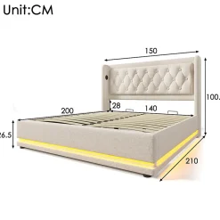 Gutent Lit adulte lit 140x200 cm lit rembourré hydraulique lit de rangement lit double coton beige