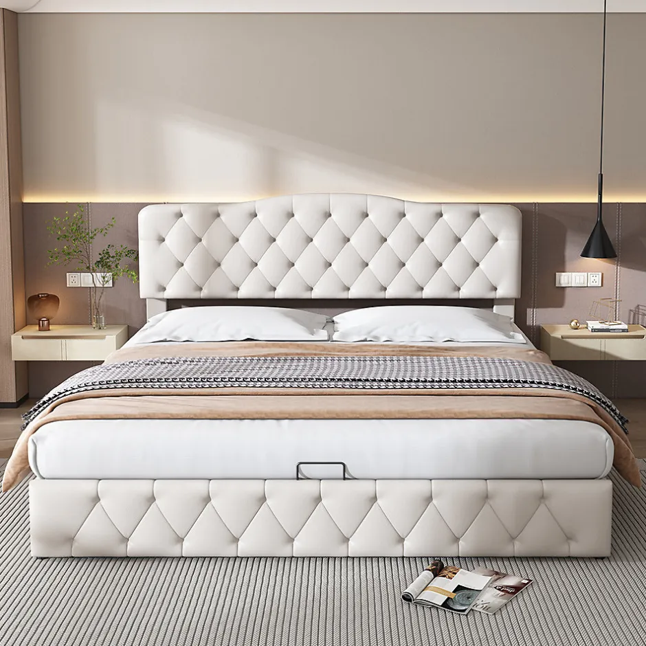 Gutent Lit adulte lit 180x200 cm lit rembourré hydraulique lit sommier à lattes lit de rangement lit double pu blanc Best